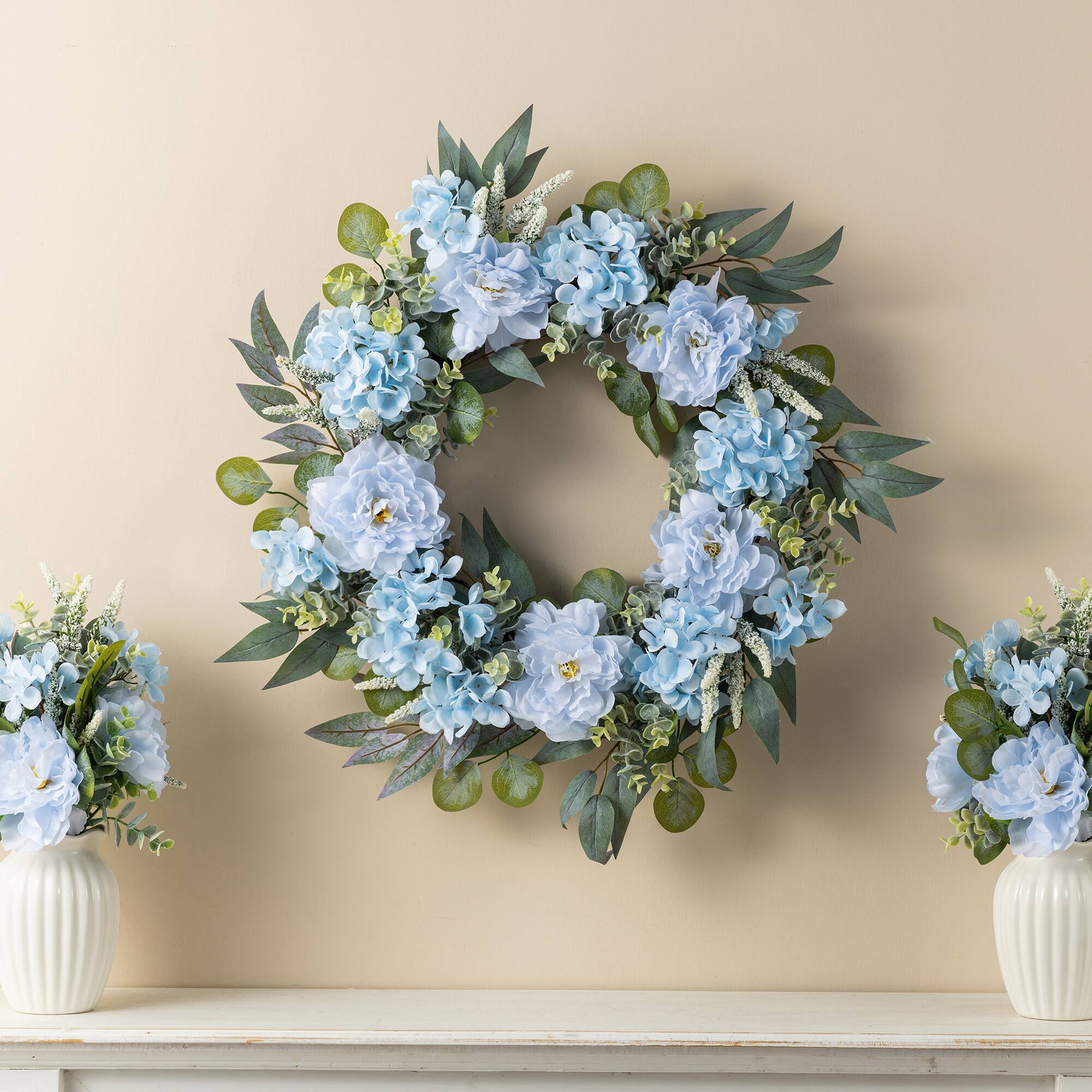 Glitzhome® 24" Blue Peony & Hydrangea Floral Wreath with Black Metal Hanger